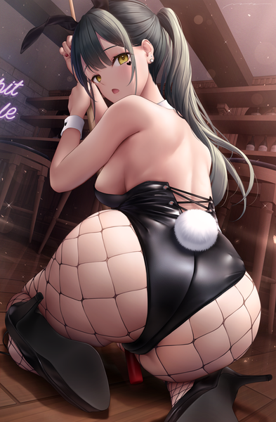 Anime picture 2894x4416 with original mhru single long hair tall image looking at viewer blush fringe highres breasts open mouth light erotic black hair large breasts signed animal ears yellow eyes payot full body ass