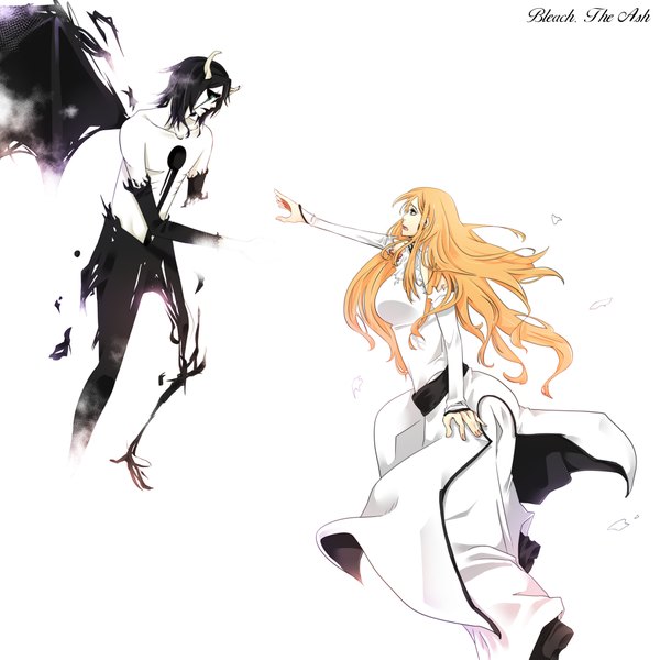 Anime picture 4003x4003 with bleach studio pierrot inoue orihime ulquiorra schiffer long hair highres short hair open mouth black hair simple background white background green eyes absurdres horn (horns) orange hair torn clothes espada hollow girl boy