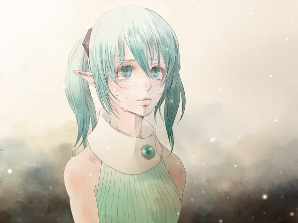 Anime picture 1200x900 with vocaloid hatsune miku kosokoso (artist) single long hair blush twintails bare shoulders green eyes looking away green hair pointy ears tears striped girl