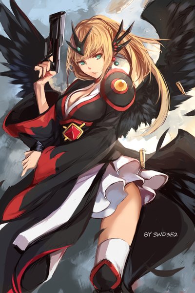 Anime picture 1417x2125 with swd3e2 single long hair tall image looking at viewer blue eyes blonde hair girl dress hair ornament weapon wings gun feather (feathers)