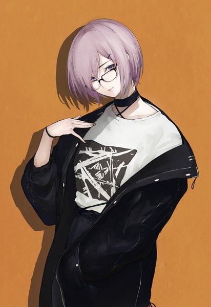 Anime picture 1202x1749 with fate (series) fate/grand order mash kyrielight marumoru single tall image looking at viewer fringe short hair simple background purple eyes pink hair head tilt hair over one eye off shoulder open jacket shadow casual orange background girl