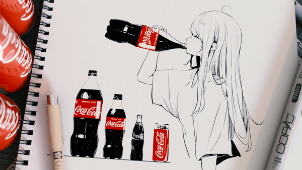 Anime picture 1920x1080 with original coca-cola hanecha1220 single long hair highres wide image upper body ahoge eyes closed profile traditional media sketch photo (medium) marker (medium) girl bottle can