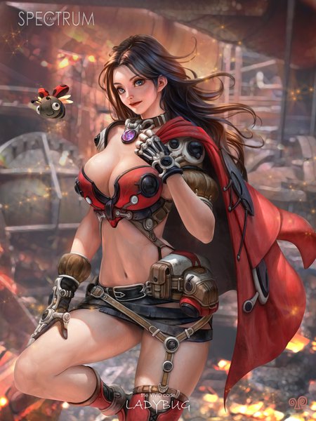 Anime picture 3000x4000 with original yam spectrum single long hair tall image looking at viewer fringe highres breasts blue eyes light erotic black hair large breasts standing signed cleavage lips realistic midriff standing on one leg
