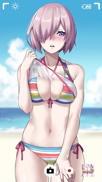 Anime picture 900x1600 with fate (series) fate/grand order mash kyrielight mash kyrielight (swimsuit of perpetual summer ver.02) lodestarrrrr single tall image looking at viewer blush fringe short hair breasts open mouth light erotic large breasts standing purple eyes bare shoulders sky cleavage