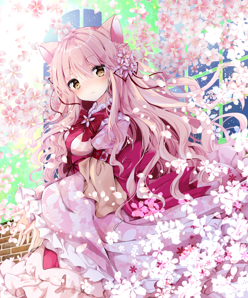 Anime picture 900x1080 with original nanase kureha nanase nao single long hair tall image looking at viewer blush fringe short hair hair between eyes holding brown eyes animal ears yellow eyes pink hair long sleeves head tilt hair flower wide sleeves