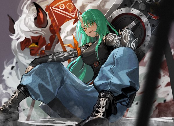 Anime picture 1800x1300 with arknights hoshiguma (arknights) hoshiguma (patrolling ronin) (arknights) nima (niru54) single long hair fringe highres sitting yellow eyes horn (horns) green hair hair over one eye spread legs official alternate costume oni horns oni girl detached sleeves boots