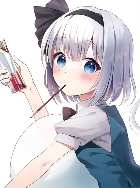 Anime picture 894x1202 with touhou konpaku youmu myon suzuno naru single tall image looking at viewer blush short hair blue eyes simple background white background holding silver hair mouth hold food in mouth pocky day girl ribbon (ribbons) hair ribbon