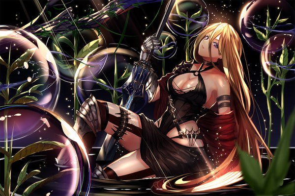 Anime picture 1200x800 with original kisui single long hair looking at viewer fringe breasts light erotic simple background blonde hair hair between eyes sitting purple eyes cleavage parted lips partially submerged black background cleavage cutout girl thighhighs