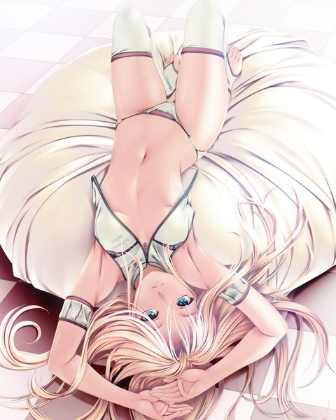 Anime picture 800x1000 with original rezi single long hair tall image looking at viewer blue eyes light erotic blonde hair armpit (armpits) midriff checkered floor girl thighhighs navel underwear panties