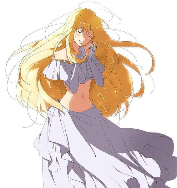 Anime-Bild 950x1008 mit aldnoah.zero a-1 pictures asseylum vers allusia amy26 single long hair tall image blush fringe simple background blonde hair smile hair between eyes standing white background bare shoulders holding eyes closed off shoulder bare belly