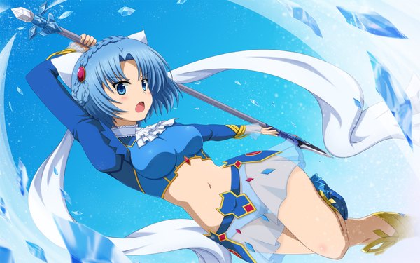 Anime picture 1920x1200 with madan no ou to vanadis ludmila lourie shira-nyoro single blush highres short hair open mouth blue eyes light erotic blue hair braid (braids) midriff crown braid girl navel bow weapon hair bow