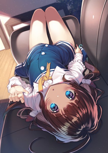 Anime picture 955x1351 with ryuuou no oshigoto! hinatsuru ai gurasion (gurasion) single long hair tall image looking at viewer blush fringe blue eyes brown hair twintails payot full body ahoge indoors lying blunt bangs from above sunlight