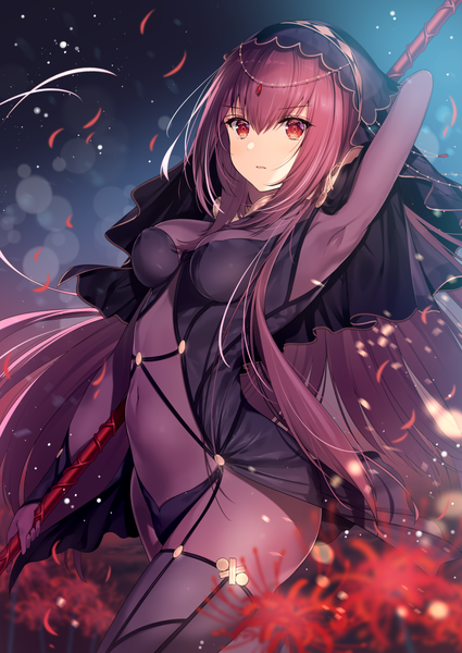 Anime picture 800x1130 with fate (series) fate/grand order fate/stay night scathach (fate) (all) scathach (fate) necomi (gussan) single long hair tall image looking at viewer fringe breasts light erotic hair between eyes red eyes holding purple hair parted lips arm up blurry