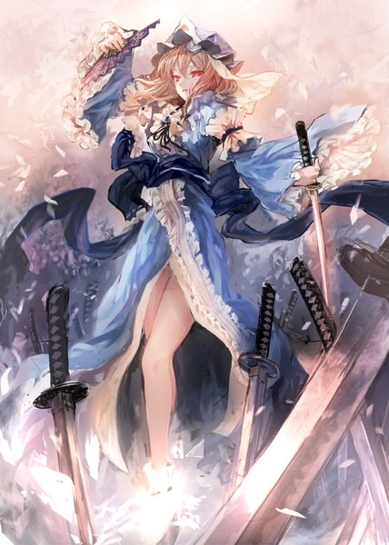 Anime picture 571x800 with touhou saigyouji yuyuko makai no juumin single long hair tall image blonde hair red eyes standing holding bent knee (knees) long sleeves parted lips wind wide sleeves from below legs girl weapon petals