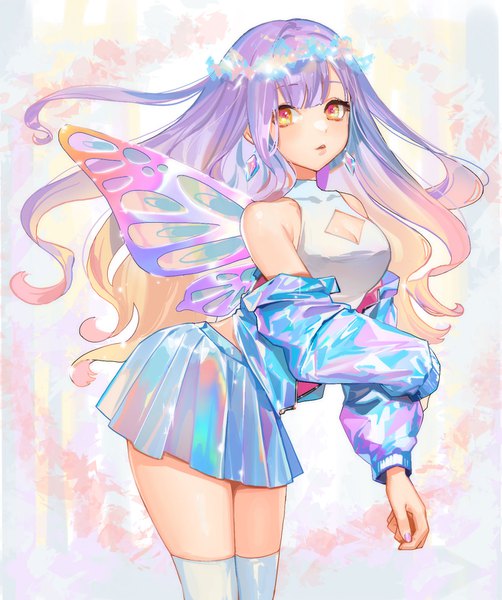 Anime picture 1500x1793 with original nima (niru54) single long hair tall image looking at viewer fringe standing bare shoulders payot cleavage purple hair blunt bangs nail polish parted lips pleated skirt multicolored hair off shoulder open jacket orange eyes