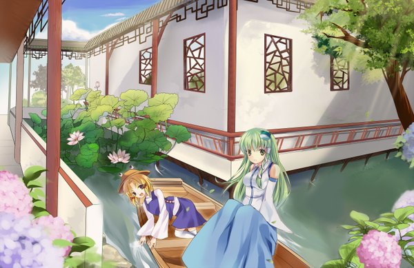 Anime picture 3000x1946 with touhou kochiya sanae moriya suwako kita (kitairoha) long hair highres short hair blonde hair multiple girls green eyes yellow eyes green hair girl dress hair ornament flower (flowers) 2 girls plant (plants) hat detached sleeves