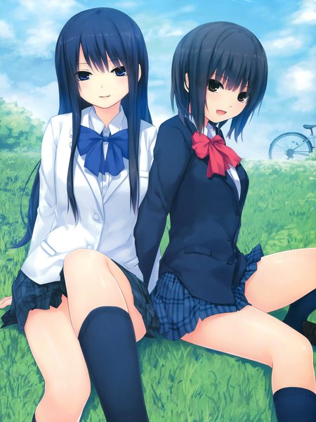 Anime picture 4872x6500 with original aoyama sumika shiramine rika coffee-kizoku long hair tall image looking at viewer highres short hair open mouth black hair sitting multiple girls brown eyes absurdres sky cloud (clouds) girl skirt uniform