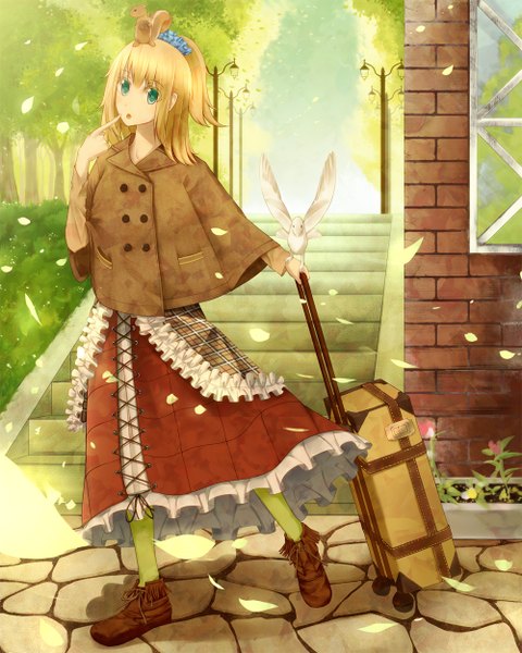 Anime picture 1000x1250 with original karube karu single tall image short hair blonde hair green eyes finger to mouth girl dress flower (flowers) plant (plants) animal petals tree (trees) bird (birds) suitcase