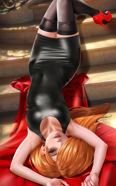 Anime picture 3568x5724 with kim possible kimberly ann possible yi qiang single long hair tall image looking at viewer fringe highres breasts light erotic large breasts green eyes absurdres cleavage lying parted lips from above hair over one eye orange hair