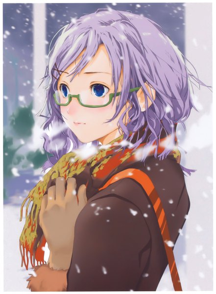 Anime picture 4476x6092 with original fuyuno haruaki single tall image fringe highres short hair blue eyes looking away absurdres purple hair upper body lips blurry scan depth of field fur trim border snowing winter