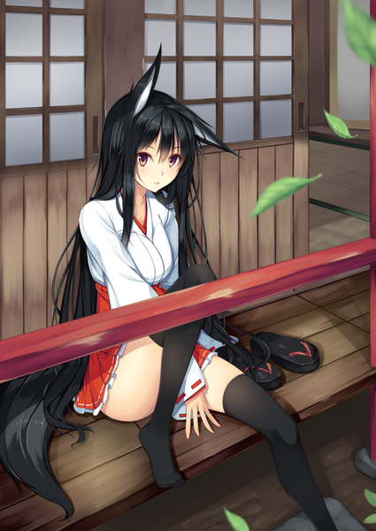 Anime picture 627x885 with original karakura0 single long hair tall image looking at viewer light erotic black hair brown eyes animal ears tail traditional clothes japanese clothes animal tail legs miko girl thighhighs black thighhighs