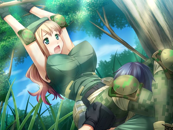 Anime picture 1024x768 with sekisaba! (game) long hair breasts open mouth light erotic blonde hair large breasts green eyes game cg girl uniform military uniform