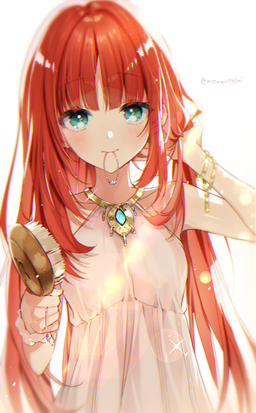 Anime picture 1038x1671 with genshin impact nilou (genshin impact) memeno single long hair tall image looking at viewer blush fringe simple background white background holding signed upper body red hair arm up aqua eyes blurry sparkle twitter username
