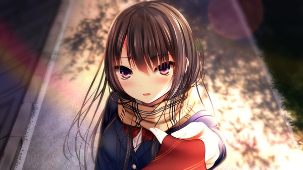 Anime picture 1920x1080 with original kurokami (kurokaminohito) single long hair looking at viewer blush fringe highres open mouth hair between eyes brown hair wide image standing purple eyes holding upper body outdoors fingernails from above lens flare