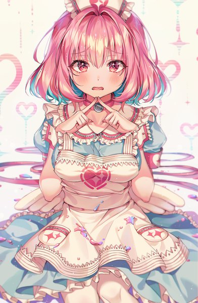 Anime picture 1200x1836 with idolmaster idolmaster cinderella girls yumemi riamu ttosom single tall image looking at viewer blush fringe short hair open mouth simple background hair between eyes sitting pink hair pink eyes multicolored hair two-tone hair puffy sleeves colored inner hair