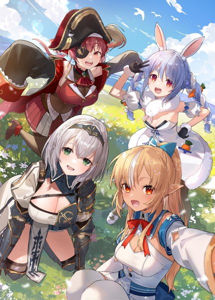 Anime picture 1200x1676 with virtual youtuber hololive houshou marine usada pekora shirogane noel houshou marine (1st costume) usada pekora (1st costume) don-chan (usada pekora) shiranui flare shirogane noel (1st costume) shiranui flare (1st costume) nima (niru54) long hair tall image looking at viewer fringe short hair breasts open mouth light erotic