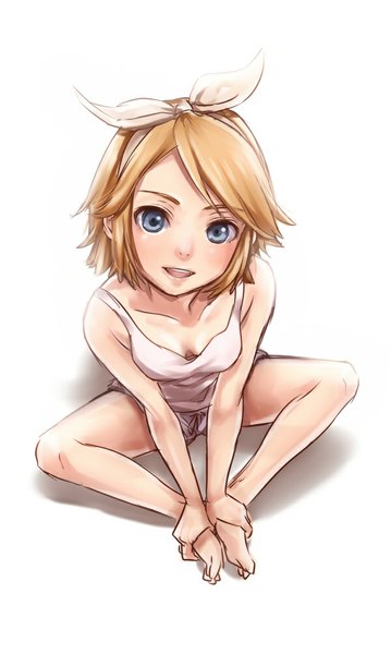 Anime picture 600x1002 with vocaloid kagamine rin masami chie single tall image looking at viewer short hair open mouth blue eyes simple background blonde hair white background sitting barefoot from above girl shorts hairband short shorts