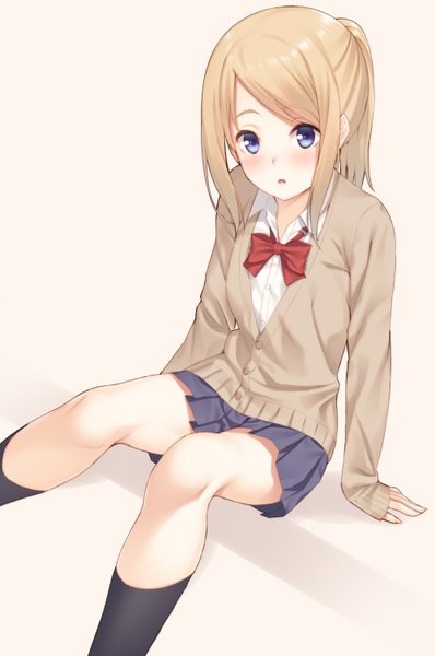 Anime picture 1000x1505 with original mikazuchi zeus single long hair tall image looking at viewer blush open mouth blue eyes blonde hair ponytail girl skirt uniform school uniform miniskirt socks black socks