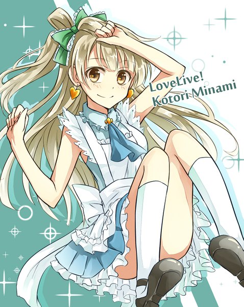 Anime picture 787x988 with love live! school idol project sunrise (studio) love live! minami kotori tm-pika single long hair tall image looking at viewer blonde hair smile brown eyes sparkle sleeveless character names one side up hand on head girl bow hair bow