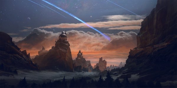 Anime picture 2500x1249 with original exphrasis highres wide image sky cloud (clouds) evening sunset mountain no people landscape crescent rock fog plant (plants) tree (trees) moon star (stars) forest meteorite