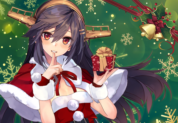 Anime picture 900x625 with kantai collection haruna battleship shirokitsune single long hair looking at viewer blush fringe black hair red eyes holding alternate costume fur trim finger to mouth snowing christmas remodel (kantai collection) girl fur headband