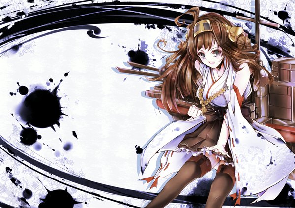 Anime picture 1052x743 with kantai collection kongou battleship saraso-ju (artist) single long hair brown hair traditional clothes silver eyes nontraditional miko girl skirt hair ornament weapon detached sleeves