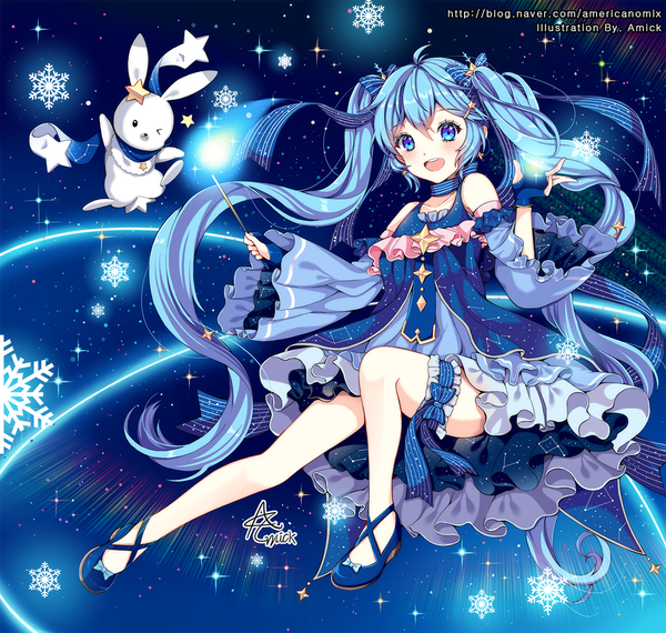 Anime picture 1200x1140 with vocaloid star night snow (vocaloid) hatsune miku yuki miku rabbit yukine yuki miku (2017) amick (americanomix) single looking at viewer blush fringe open mouth blue eyes hair between eyes twintails bare shoulders signed blue hair full body ahoge