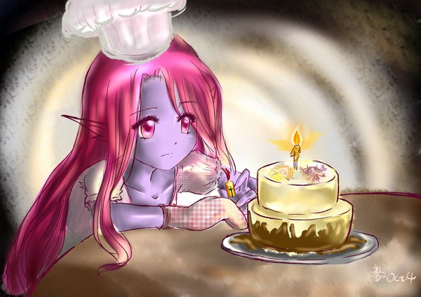 Anime picture 1772x1251 with league of legends morgana (league of legends) single long hair highres pink hair pink eyes pointy ears girl headdress sweets cake candle (candles) gauntlets