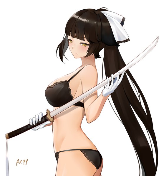 Anime picture 1560x1680 with azur lane takao (azur lane) yueguang zhanglang single tall image looking at viewer blush fringe breasts light erotic black hair simple background large breasts standing white background holding signed yellow eyes payot looking away