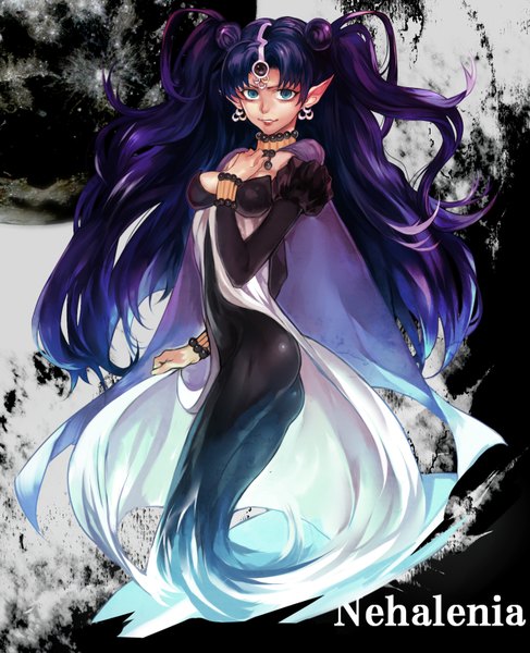 Anime picture 1300x1600 with bishoujo senshi sailor moon toei animation queen nehelenia tcb (pixiv) single long hair tall image looking at viewer breasts smile holding purple hair ass aqua eyes lips pointy ears wavy hair girl earrings bracelet