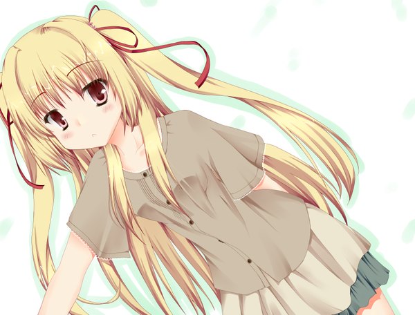Anime picture 3387x2578 with original ru kozue single long hair looking at viewer blush highres simple background blonde hair red eyes white background absurdres two side up girl skirt ribbon (ribbons) hair ribbon miniskirt