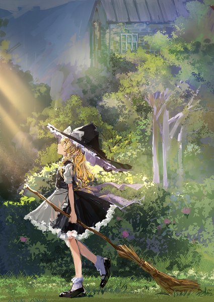 Anime picture 708x1000 with touhou kirisame marisa ume (plumblossom) single long hair tall image blonde hair standing profile sunlight short sleeves standing on one leg looking up girl skirt plant (plants) hat tree (trees) socks shoes