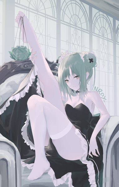 Anime picture 1168x1829 with original nroy- single tall image looking at viewer blush fringe short hair breasts light erotic sitting bare shoulders signed payot cleavage full body bent knee (knees) indoors nail polish fingernails