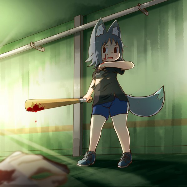 Anime picture 1280x1280 with original uru (yutturi) yutturi single short hair open mouth standing brown eyes animal ears tail animal tail grey hair torn clothes solo focus wolf ears blood on face wolf tail wolf girl horror girl