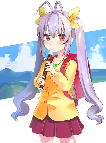 Anime picture 627x846 with non non biyori silver link miyauchi renge n0bng single long hair tall image blush fringe red eyes twintails payot looking away sky purple hair cloud (clouds) ahoge playing instrument girl ribbon (ribbons)