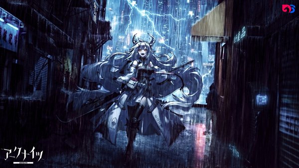Anime picture 1280x720 with arknights matoimaru (arknights) ryuuzaki ichi devsniiwy single looking at viewer breasts open mouth red eyes wide image silver hair full body outdoors very long hair :d horn (horns) inscription night copyright name rain
