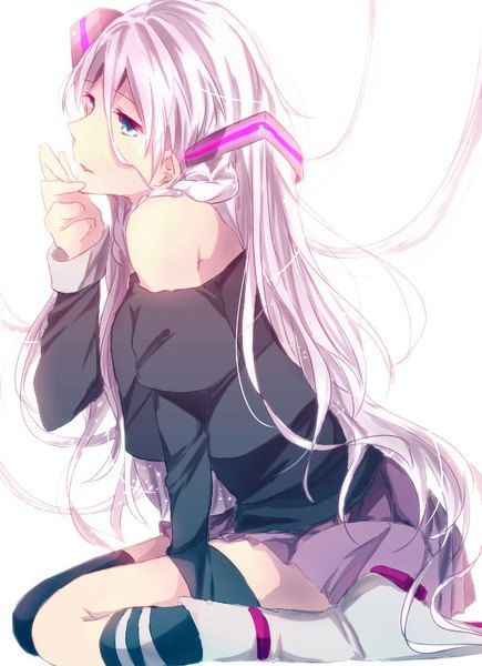 Anime-Bild 580x800 mit vocaloid ia (vocaloid) miwano rag single long hair tall image fringe blue eyes simple background white background sitting twintails looking away white hair pleated skirt kneeling girl thighhighs skirt black thighhighs