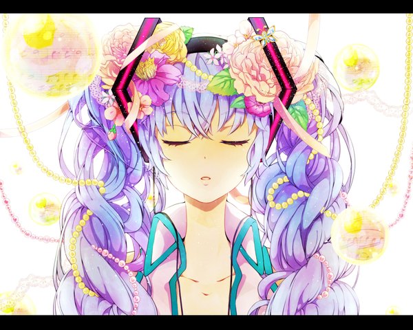 Anime picture 2000x1600 with vocaloid hatsune miku gari (artist) single highres twintails eyes closed very long hair hair flower aqua hair girl hair ornament