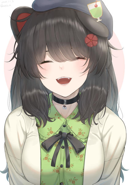 Anime picture 2894x4093 with virtual youtuber nijisanji inui toko rushian single long hair tall image highres open mouth black hair animal ears upper body eyes closed floral print dated ^ ^ dog ears girl hat choker