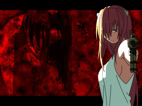 Anime picture 1600x1200 with elfen lied arms corporation lucy single long hair looking at viewer fringe breasts light erotic bare shoulders pink hair horn (horns) nude hair over one eye no bra looking down letterboxed red background angry sad